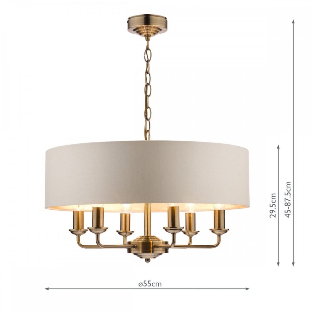 Sorrento 6 Light Pendant in Antique Brass C/W Ivory Shade