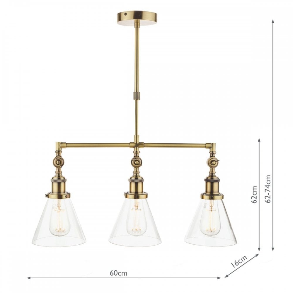 Isaac 3 Light Bar in Antique Brass with Glass Shades