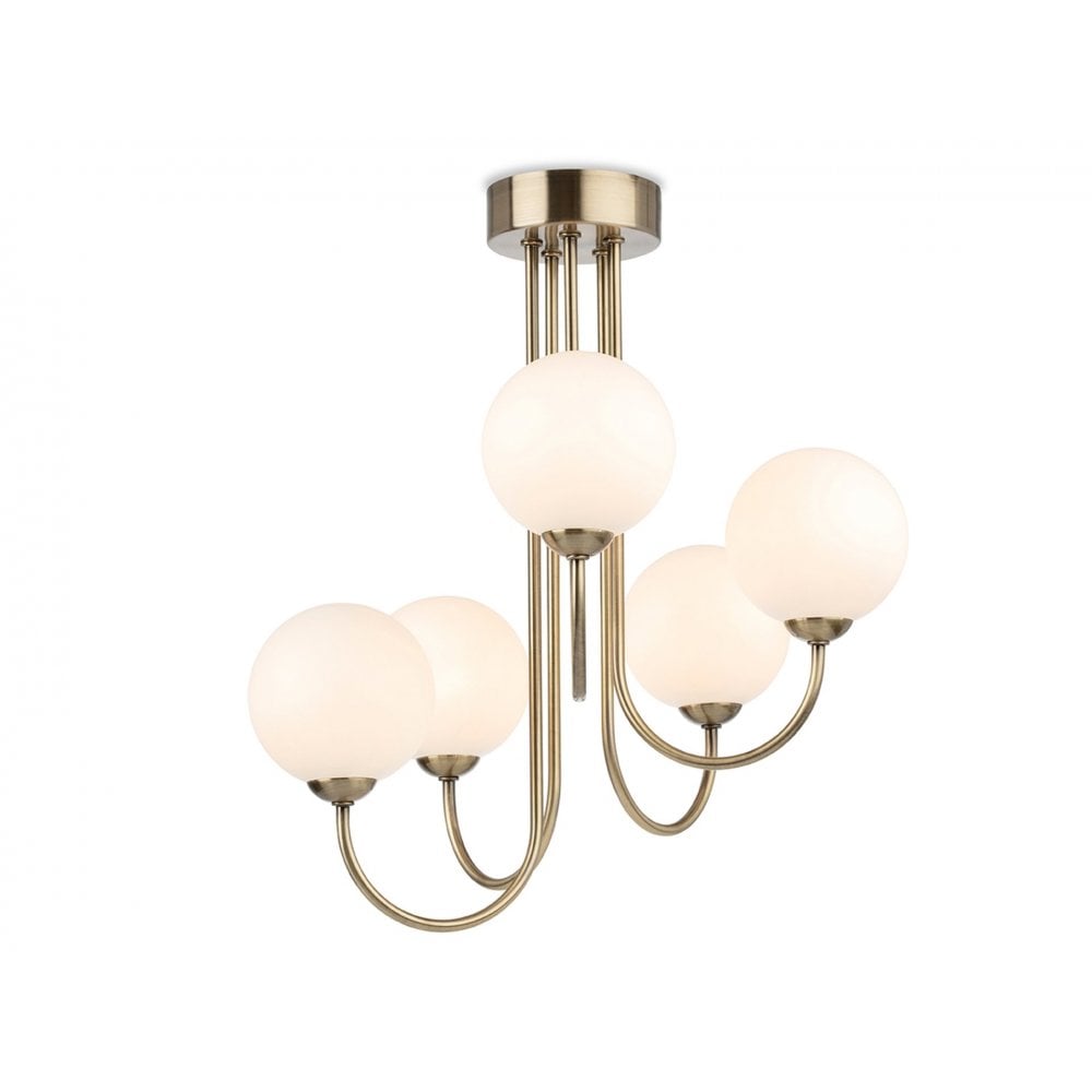 Lyndon 5 Ceiling Light in Antique Brass with Opal White Glass