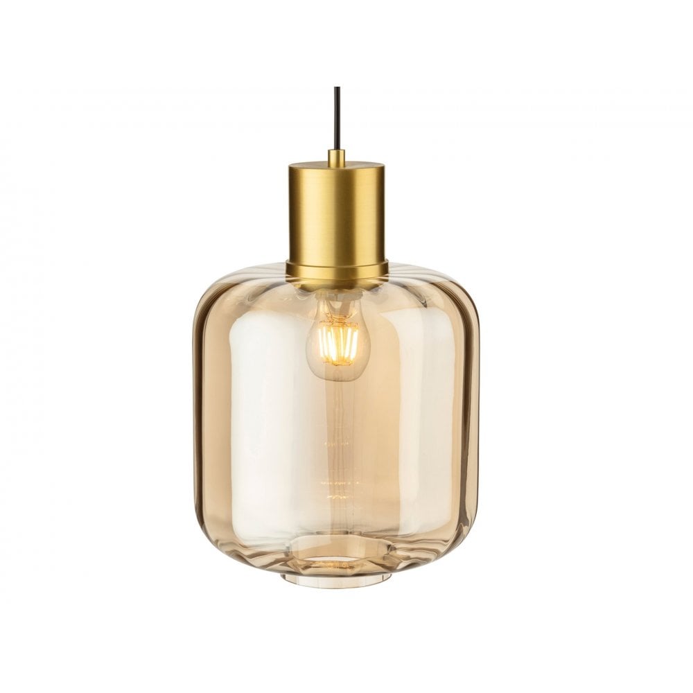 Eton Pendant Light in Brushed Brass with Amber Glass