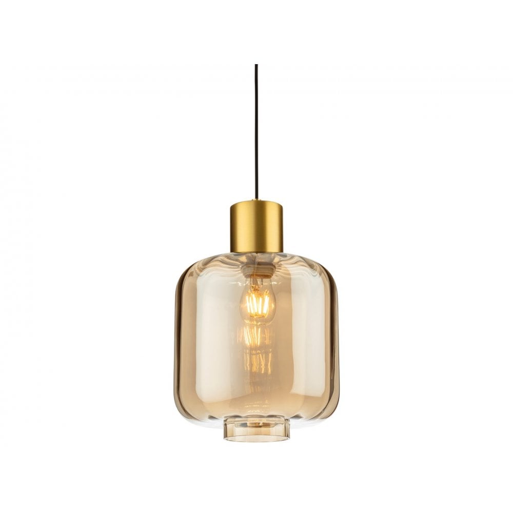 Eton Pendant Light in Brushed Brass with Amber Glass
