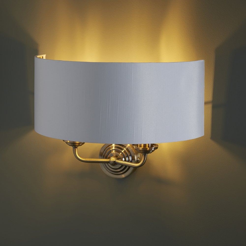 Highclere Double Wall Light in Antique Brass C/W White Shade