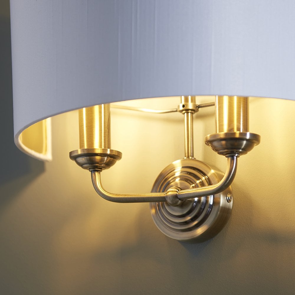 Highclere Double Wall Light in Antique Brass C/W White Shade
