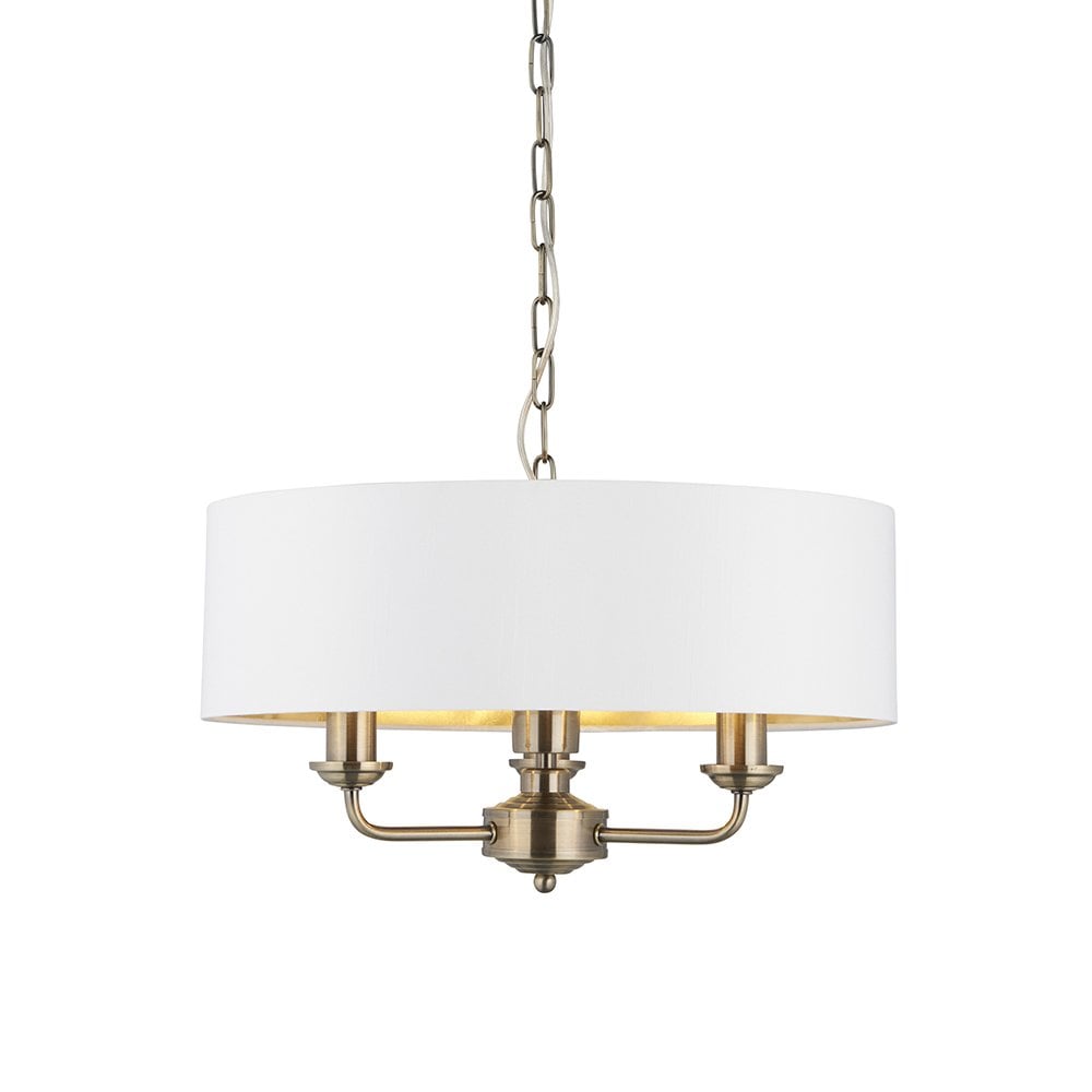 Highclere 3 Light Pendant in Antique Brass C/W White Shade