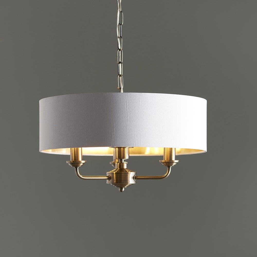 Highclere 3 Light Pendant in Antique Brass C/W White Shade