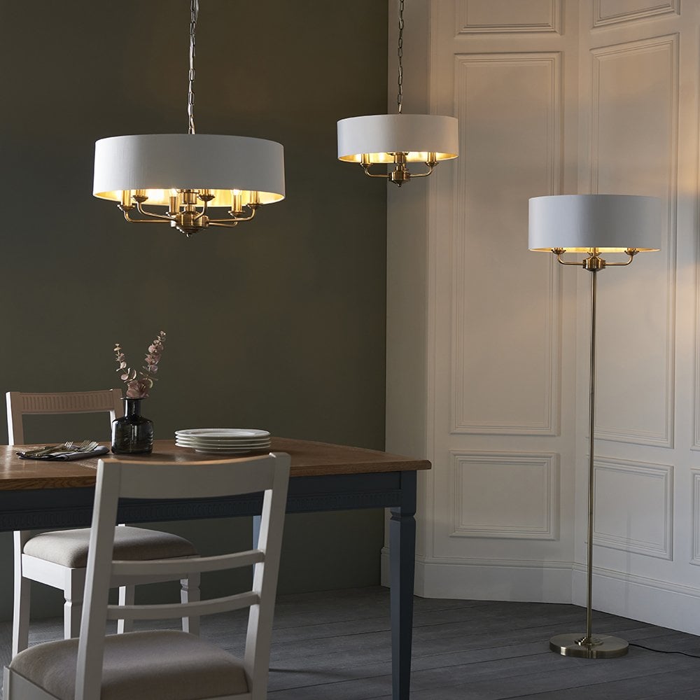 Highclere 3 Light Pendant in Antique Brass C/W White Shade