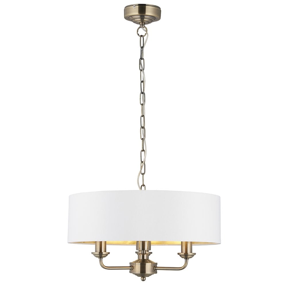 Highclere 3 Light Pendant in Antique Brass C/W White Shade