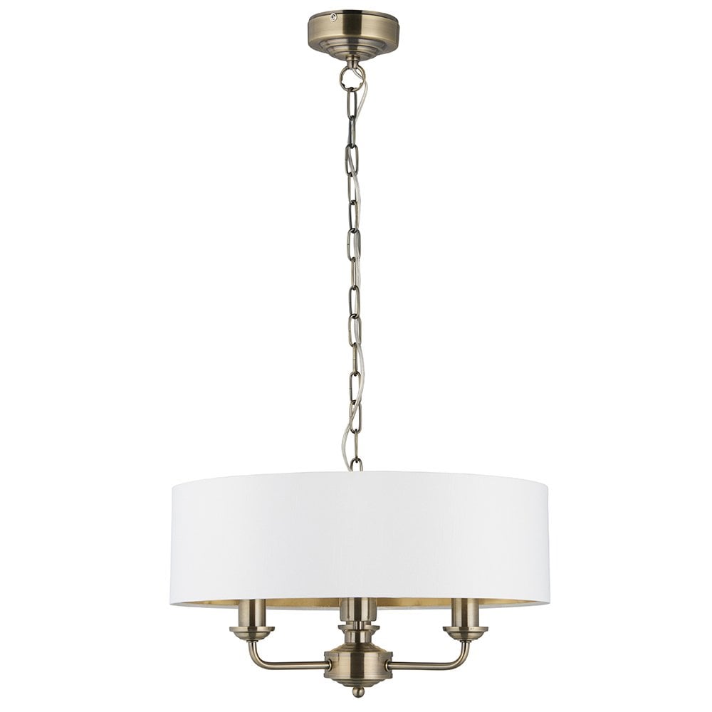 Highclere 3 Light Pendant in Antique Brass C/W White Shade