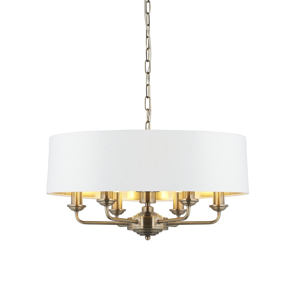 Highclere 6 Light Drum Pendant in Antique Brass C/W White Shade