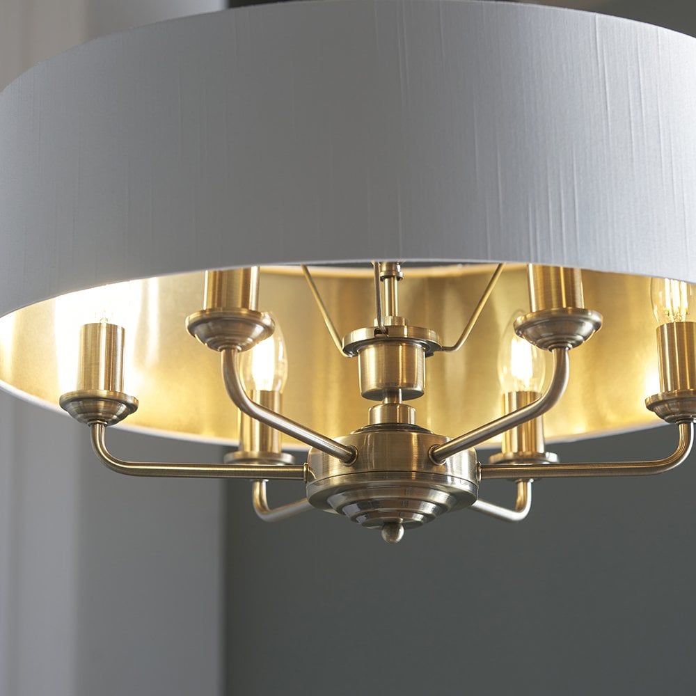 Highclere 6 Light Drum Pendant in Antique Brass C/W White Shade