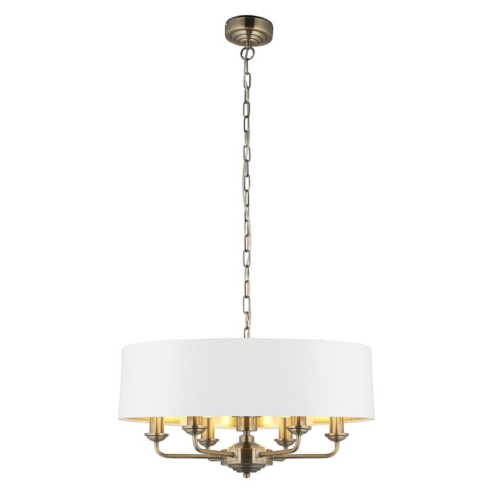 Highclere 6 Light Drum Pendant in Antique Brass C/W White Shade