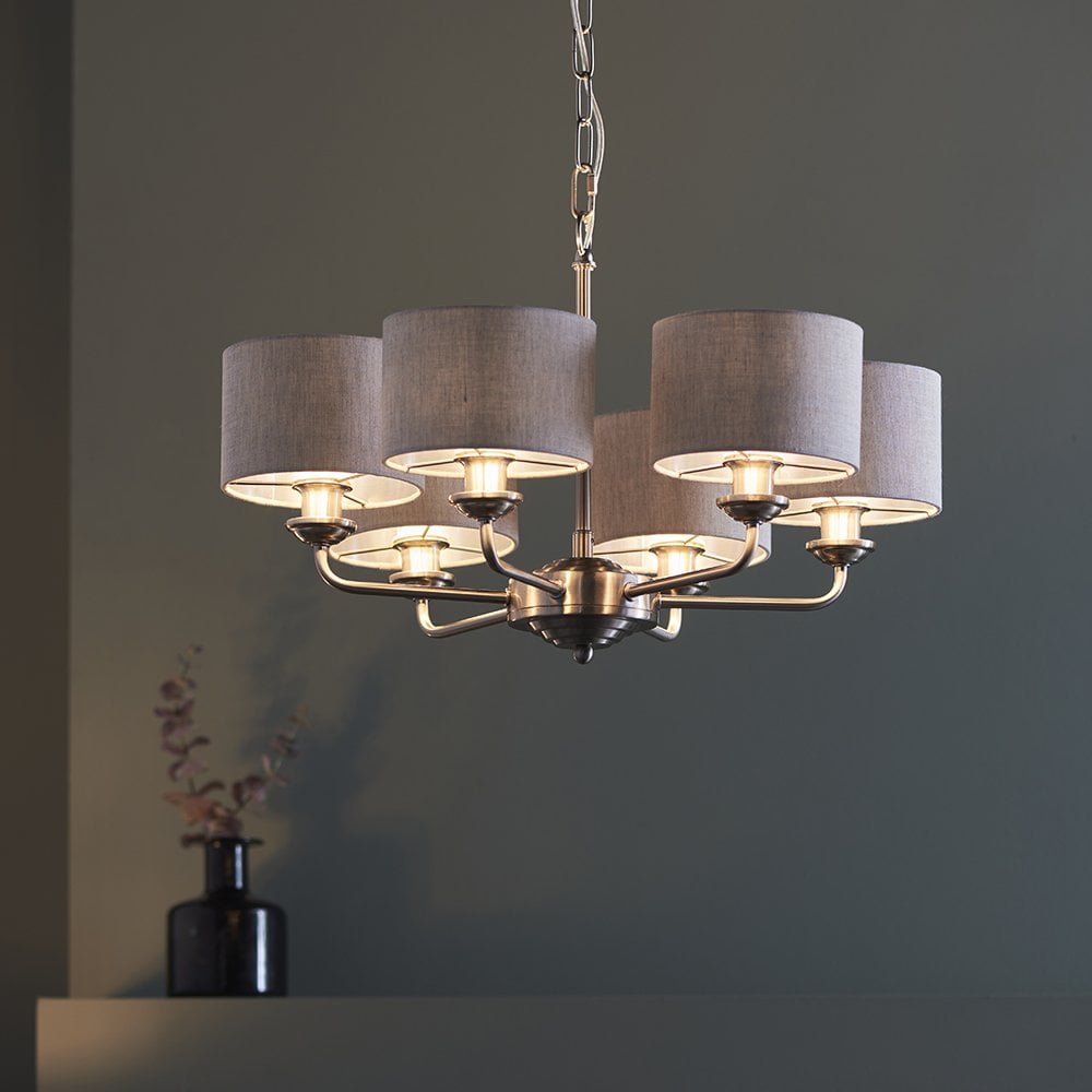 Highclere 6 Light Multi Arm Pendant in Bright Nickel C/W Charcoal Shades