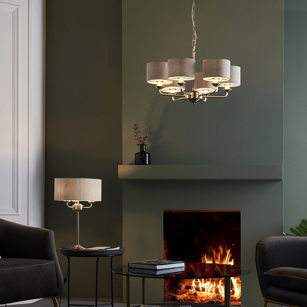 Highclere 6 Light Multi Arm Pendant in Bright Nickel C/W Charcoal Shades