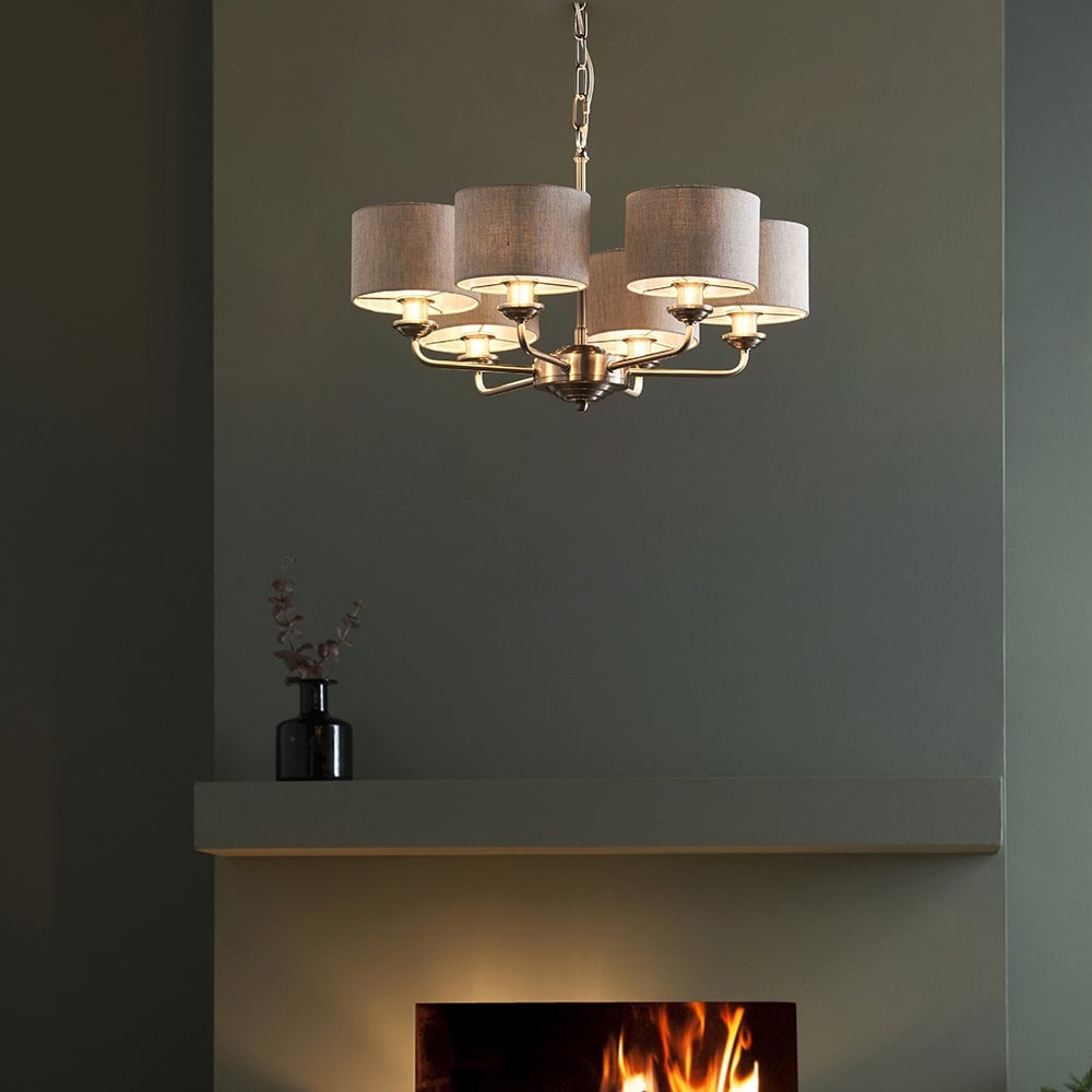Highclere 6 Light Multi Arm Pendant in Bright Nickel C/W Charcoal Shades