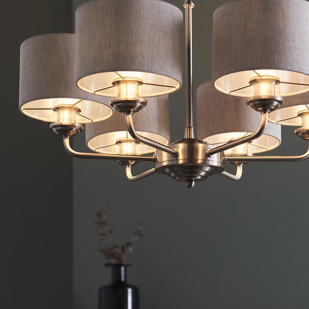 Highclere 6 Light Multi Arm Pendant in Bright Nickel C/W Charcoal Shades