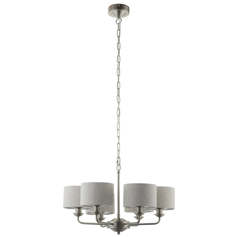 Highclere 6 Light Multi Arm Pendant in Bright Nickel C/W Charcoal Shades
