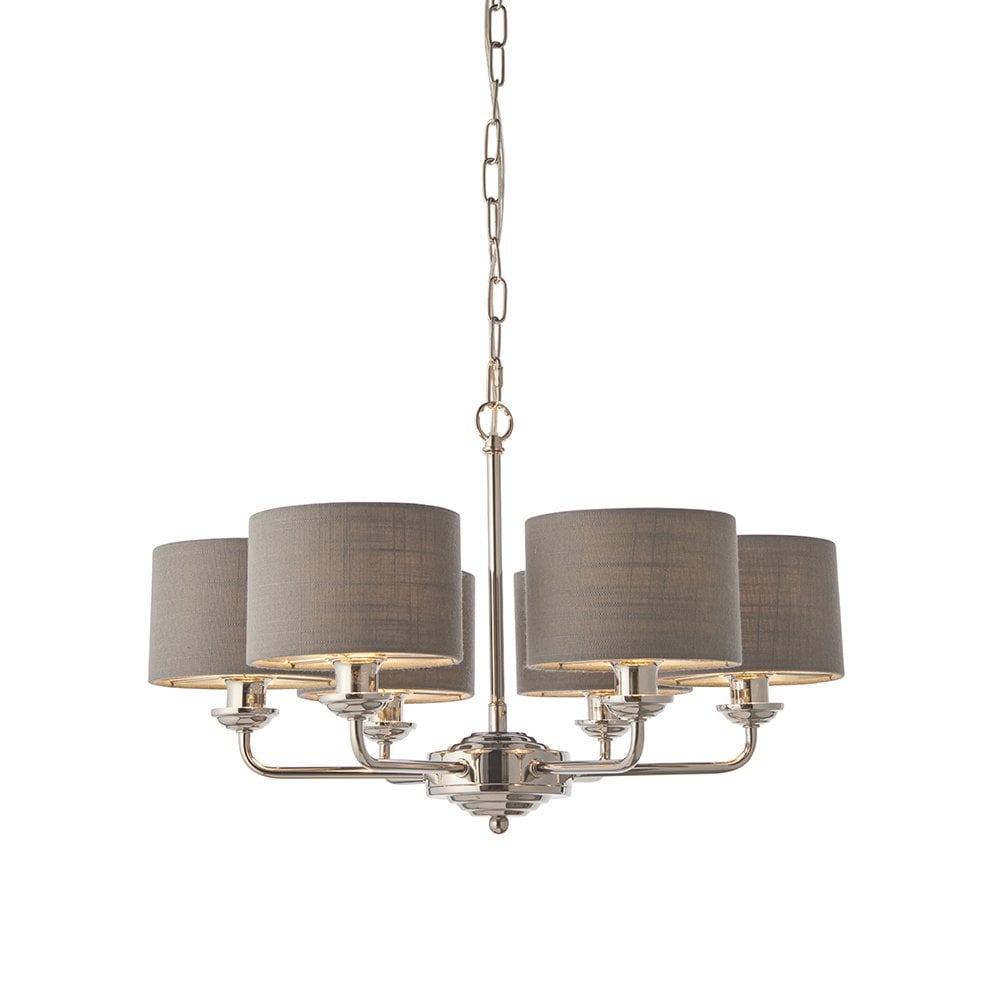 Highclere 6 Light Multi Arm Pendant in Bright Nickel C/W Charcoal Shades