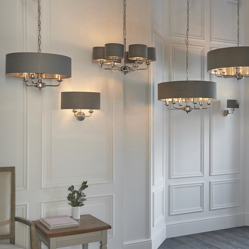Highclere 6 Light Multi Arm Pendant in Bright Nickel C/W Charcoal Shades
