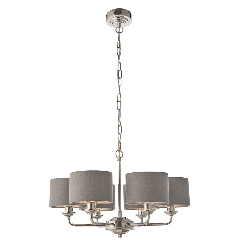 Highclere 6 Light Multi Arm Pendant in Bright Nickel C/W Charcoal Shades