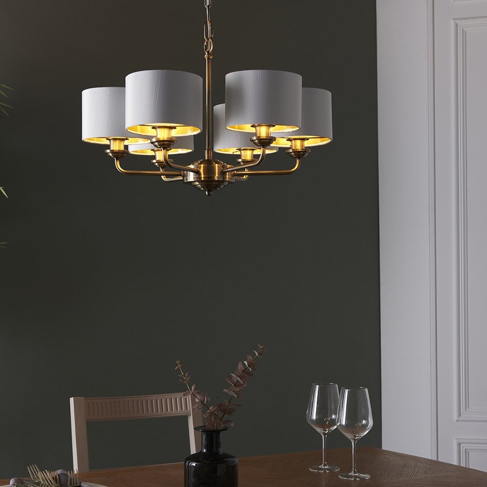 Highclere 6 Light Multi Arm Pendant in Bright Nickel C/W Charcoal Shades