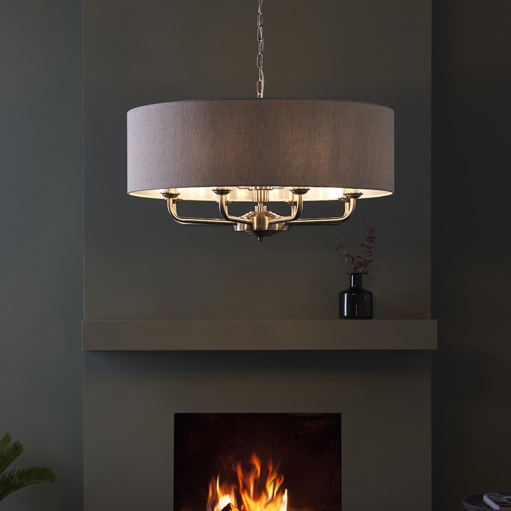 Highclere 8 Light Drum Pendant Bright Nickel C/W Charcoal Shade