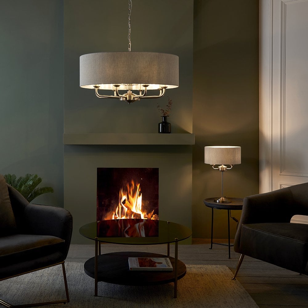 Highclere 8 Light Drum Pendant Bright Nickel C/W Charcoal Shade