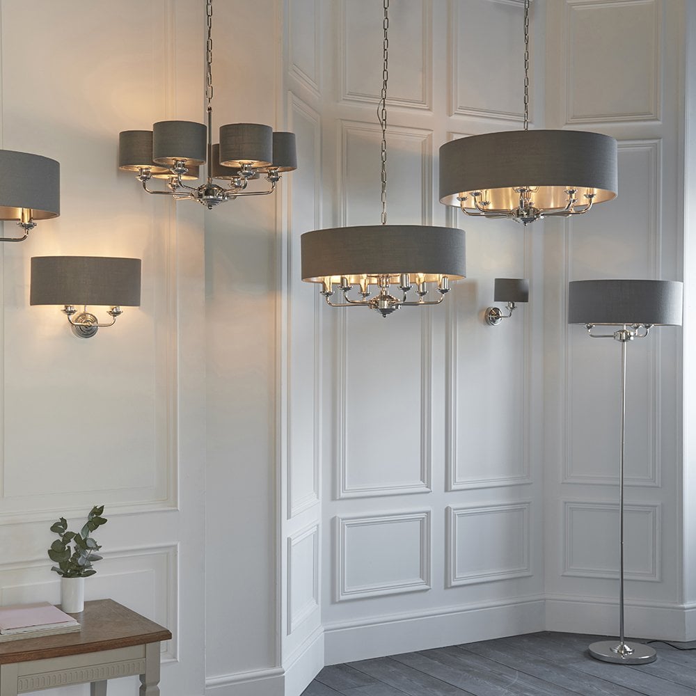 Highclere 8 Light Drum Pendant Bright Nickel C/W Charcoal Shade