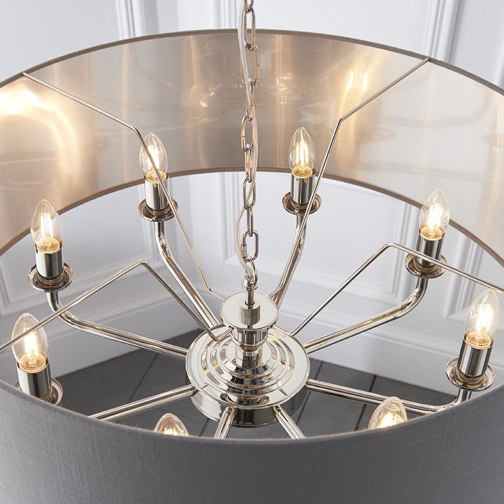 Highclere 8 Light Drum Pendant Bright Nickel C/W Charcoal Shade