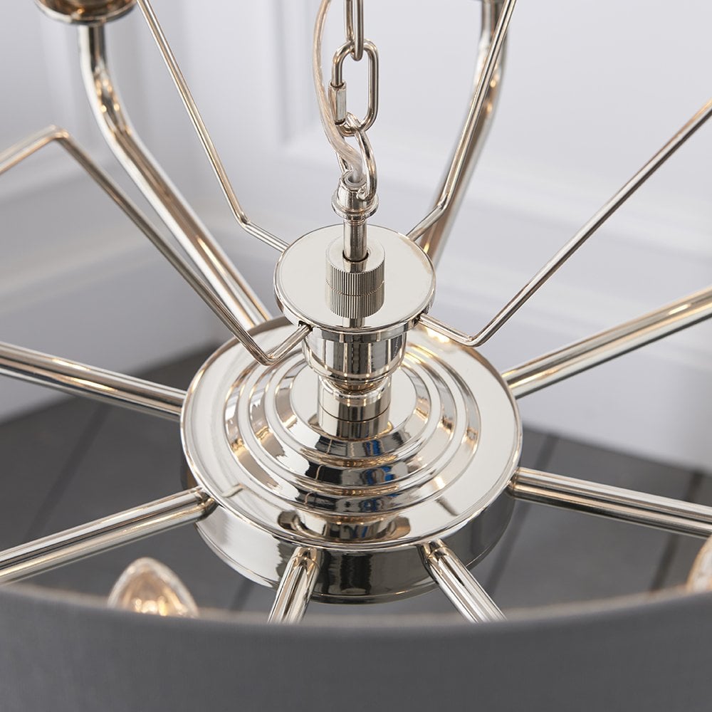 Highclere 8 Light Drum Pendant Bright Nickel C/W Charcoal Shade