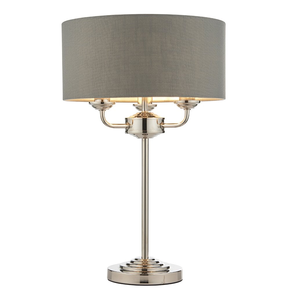 Highclere 3 Light Table Lamp in Bright Nicke; & Charcoal Shade