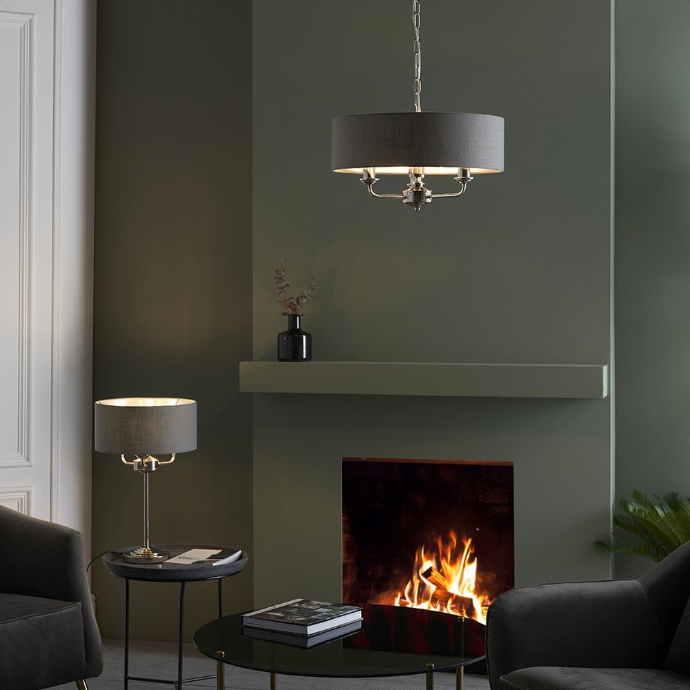Highclere 3 Light Table Lamp in Bright Nicke; & Charcoal Shade
