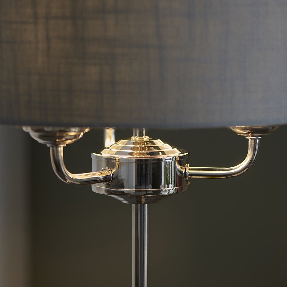 Highclere 3 Light Table Lamp in Bright Nicke; & Charcoal Shade