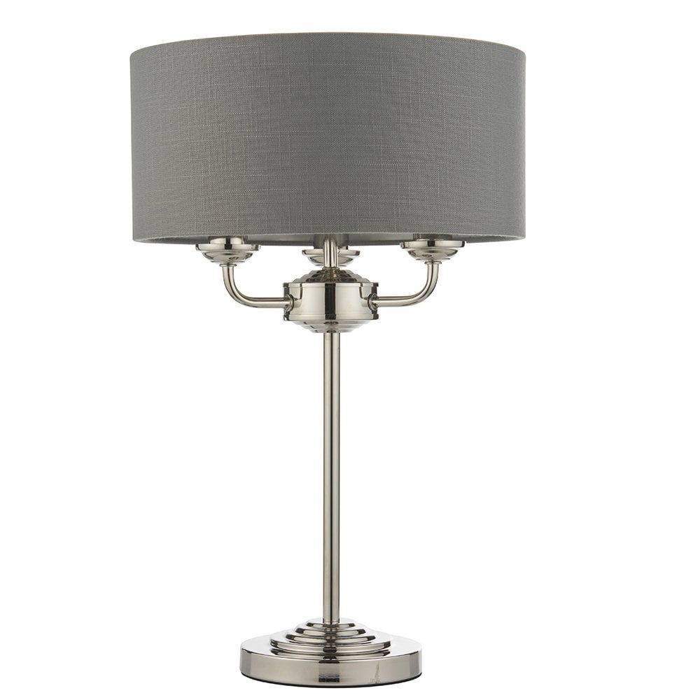 Highclere 3 Light Table Lamp in Bright Nicke; & Charcoal Shade