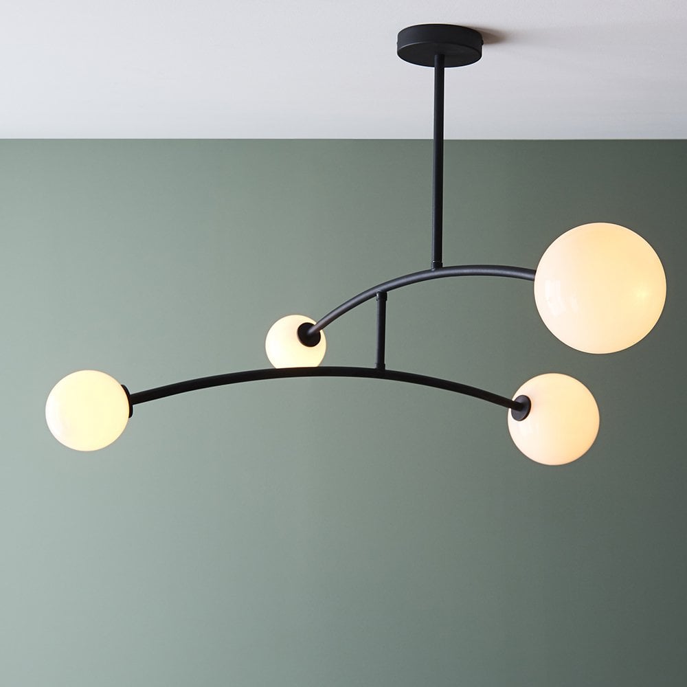 Black Ceiling Light with 4 Opal Glass Shades