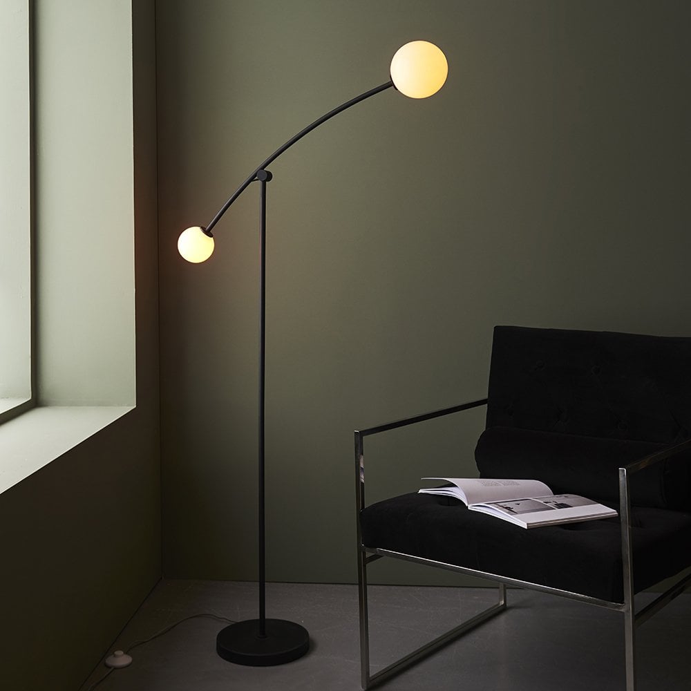 Black Floor Lamp with 2 Opal Glass Shades
