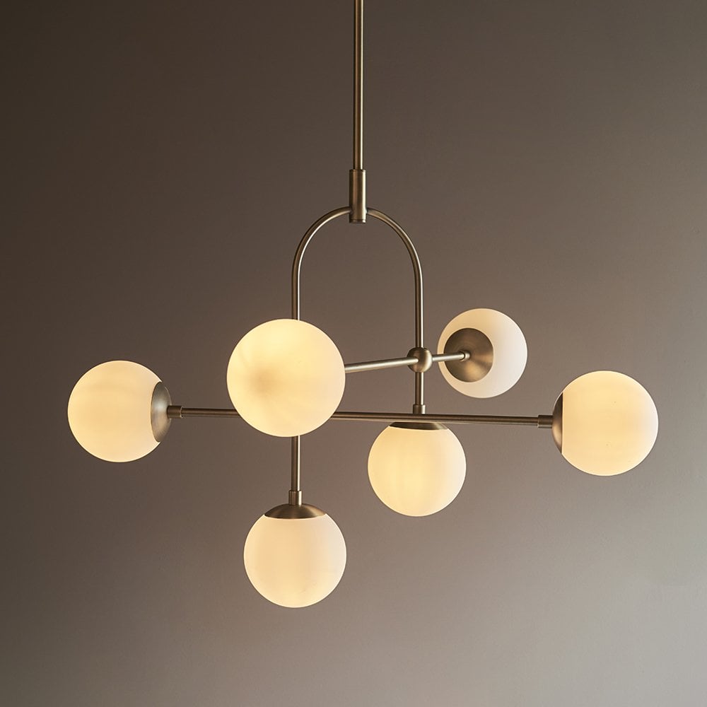6 Light Matt Antique Brass Pendant with Opal Shades