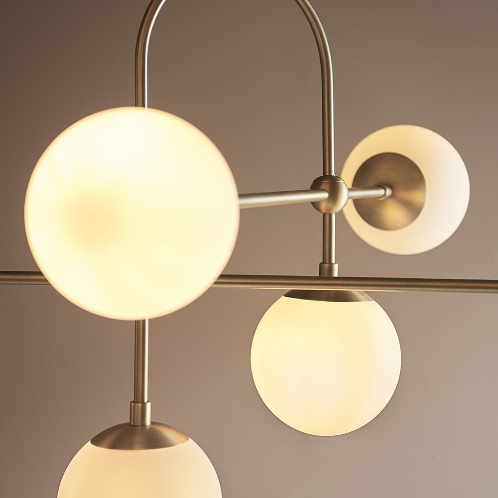 6 Light Matt Antique Brass Pendant with Opal Shades