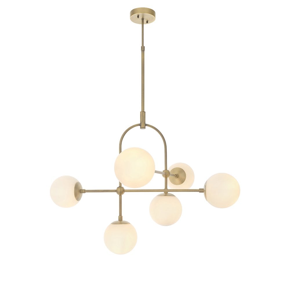 6 Light Matt Antique Brass Pendant with Opal Shades