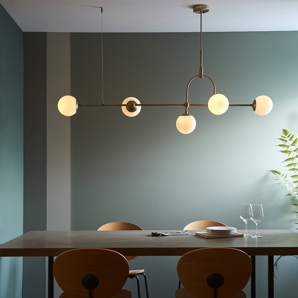 5 Light Matt Antique Brass Linear Pendant with Opal Shades