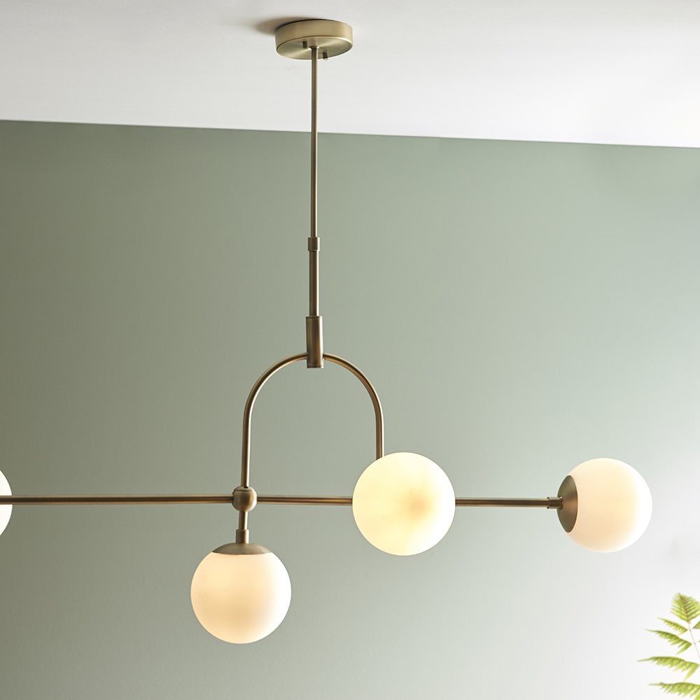 5 Light Matt Antique Brass Linear Pendant with Opal Shades