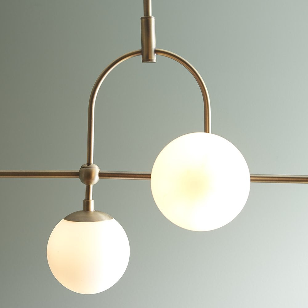 5 Light Matt Antique Brass Linear Pendant with Opal Shades
