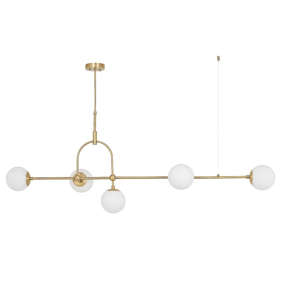 5 Light Matt Antique Brass Linear Pendant with Opal Shades