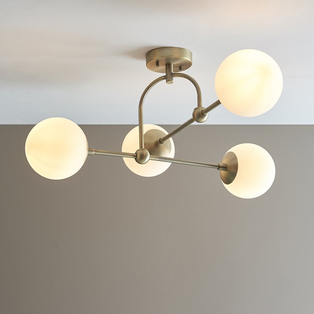 4 Light Semi Flush Antique Brass with Opal Shades