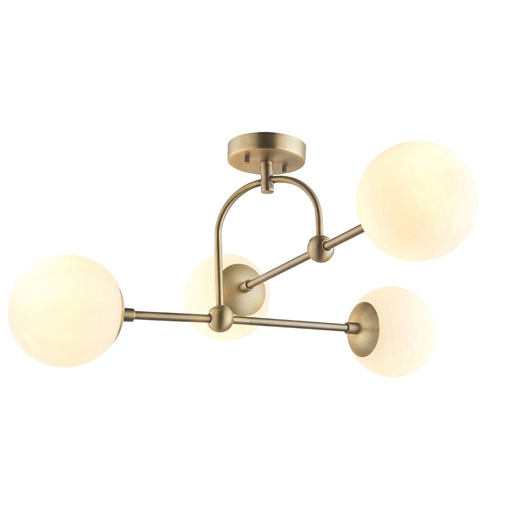 4 Light Semi Flush Antique Brass with Opal Shades