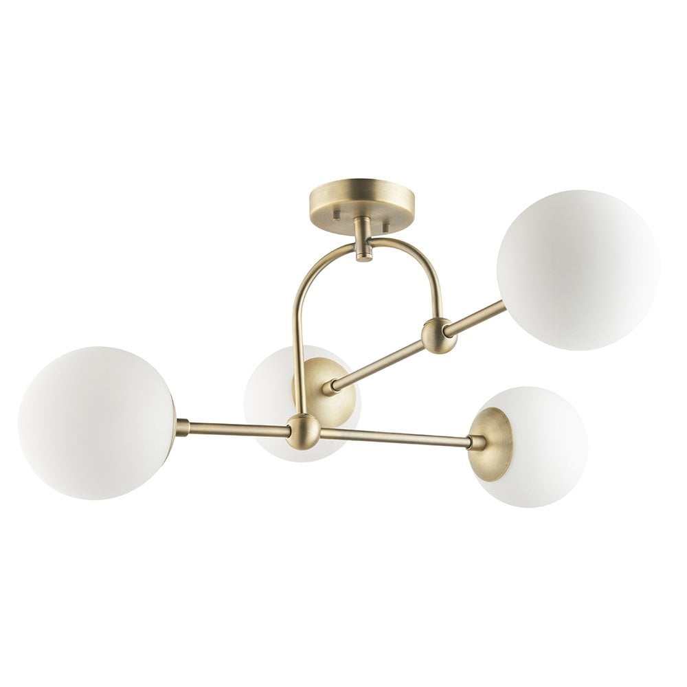 4 Light Semi Flush Antique Brass with Opal Shades