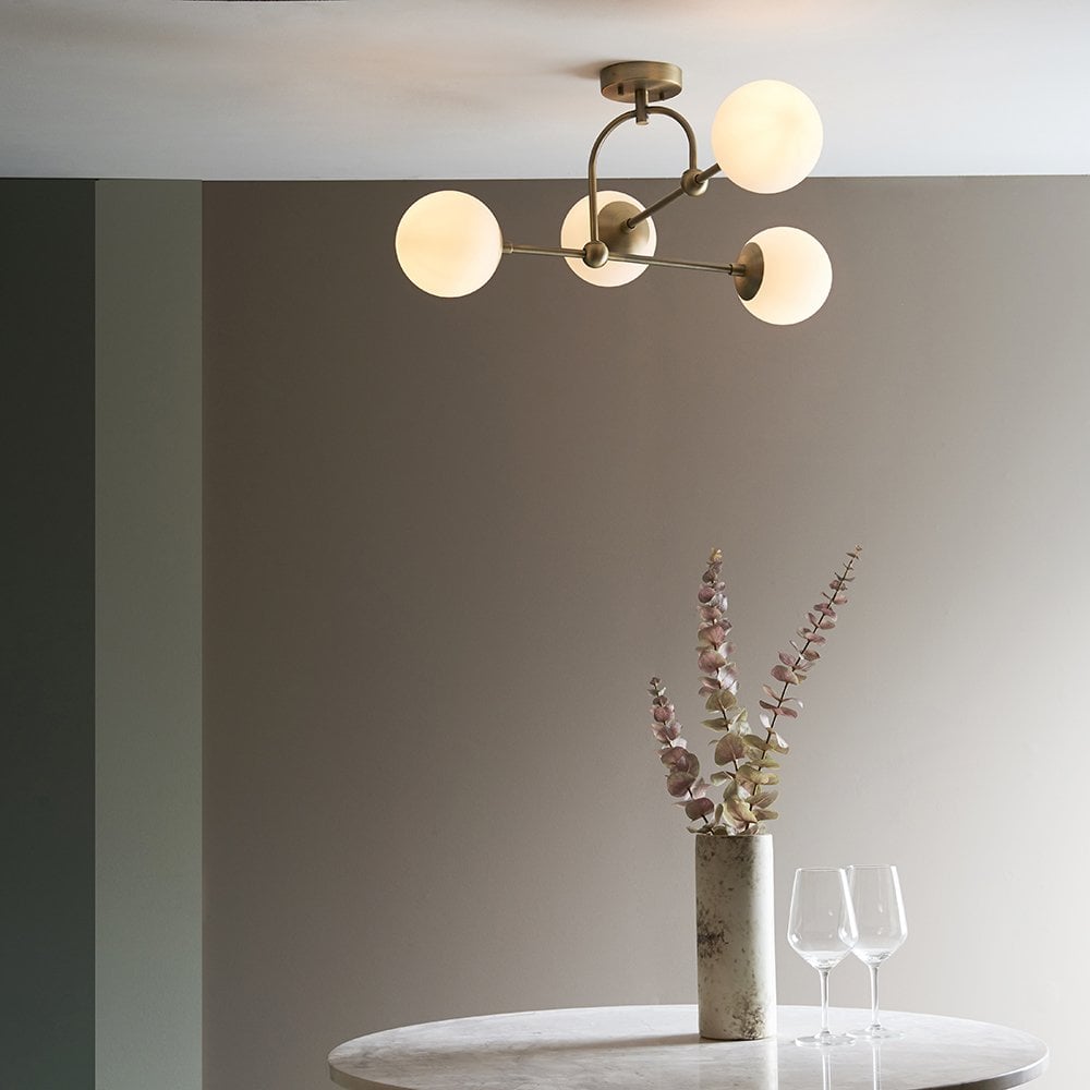 4 Light Semi Flush Antique Brass with Opal Shades
