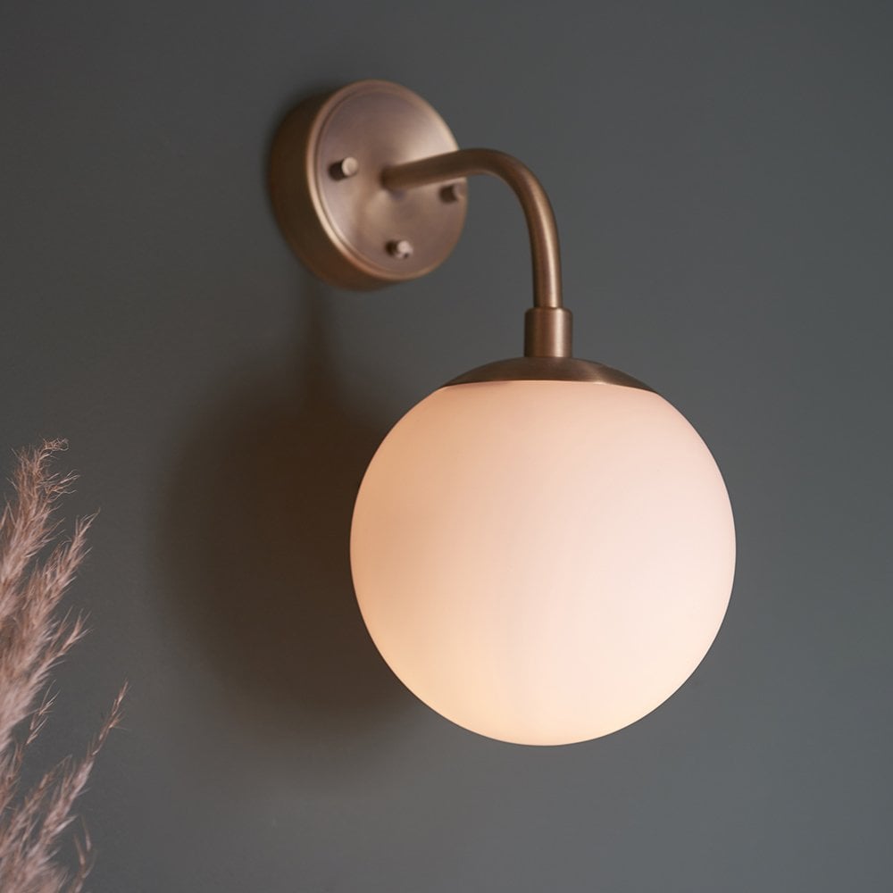 Matt Antique Brass Wall Light with Opal Glass Shade