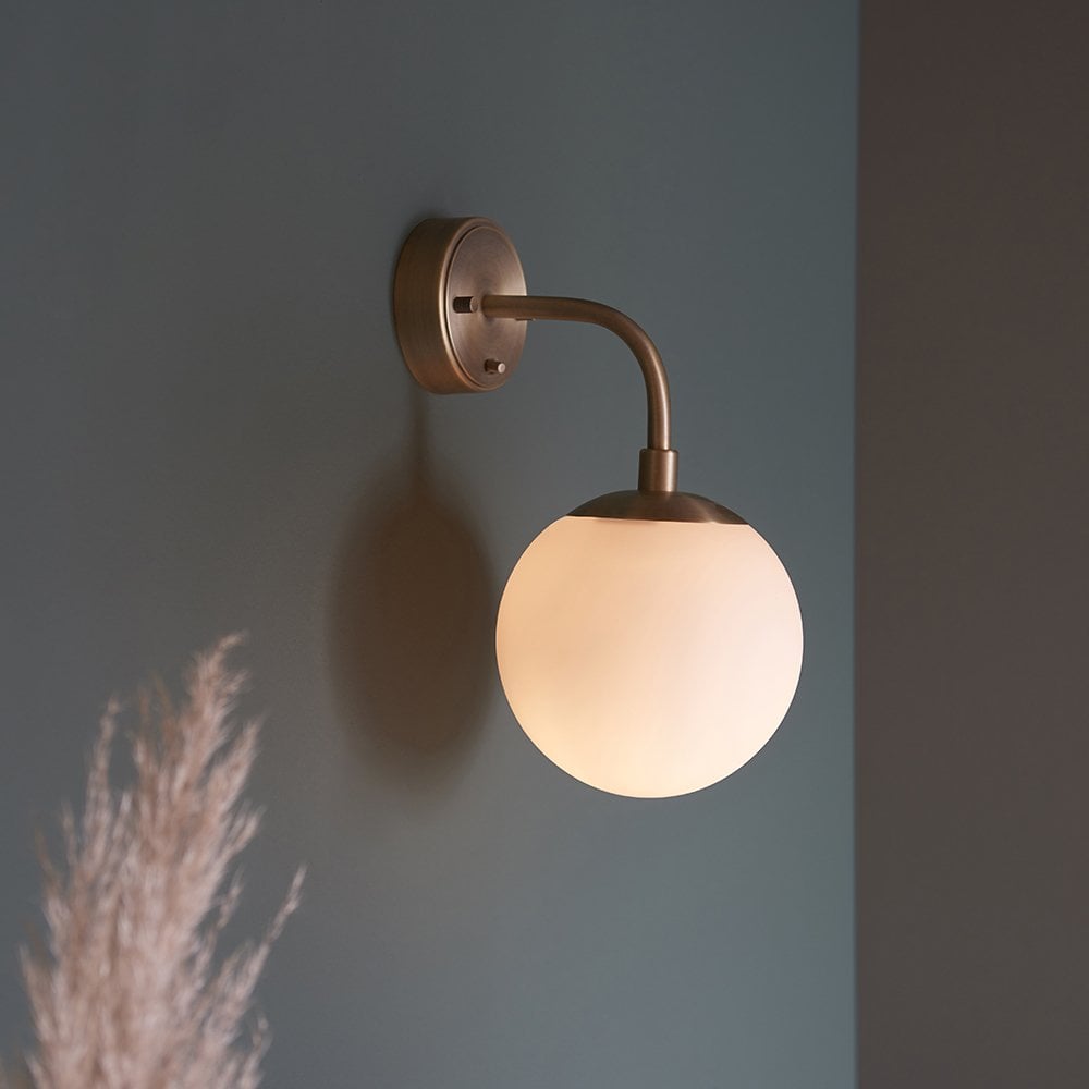 Matt Antique Brass Wall Light with Opal Glass Shade