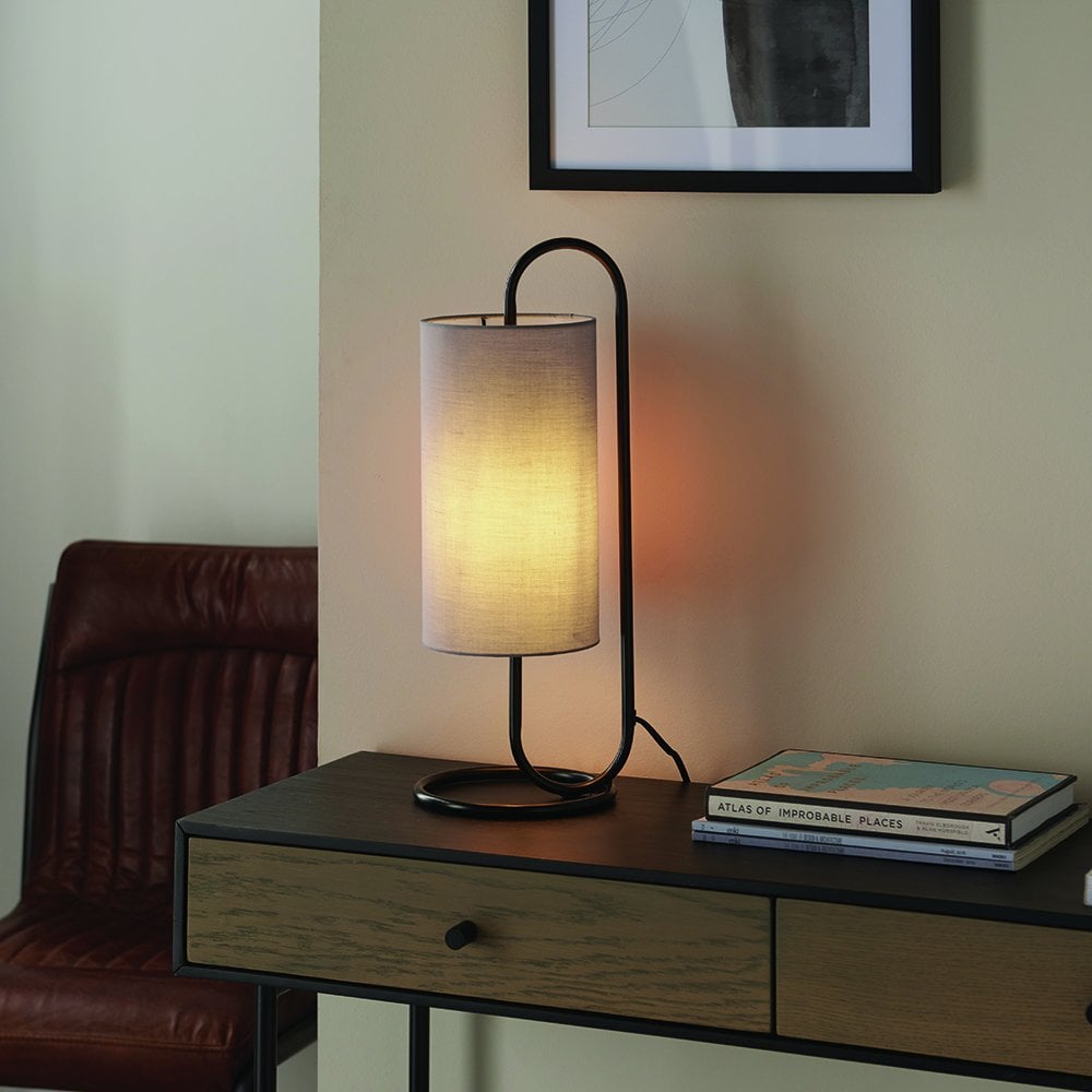 Klip Oval Table Lamp in Matt Black C/W Grey Shade