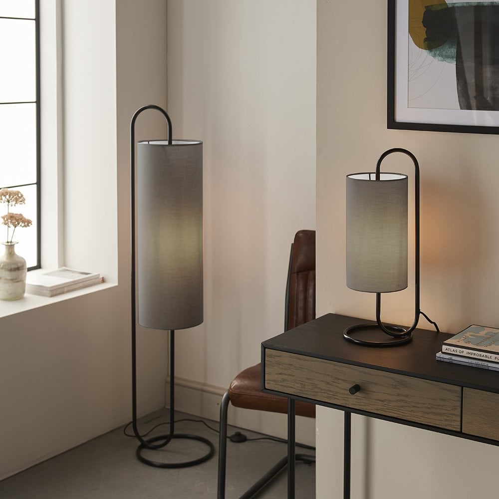 Klip Oval Table Lamp in Matt Black C/W Grey Shade
